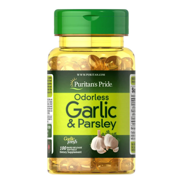 Часник і петрушка, Odorless Garlic & Parsley, Puritan's Pride, 500 мг \/ 100 мг, без запаху, 100 гелевих капсул