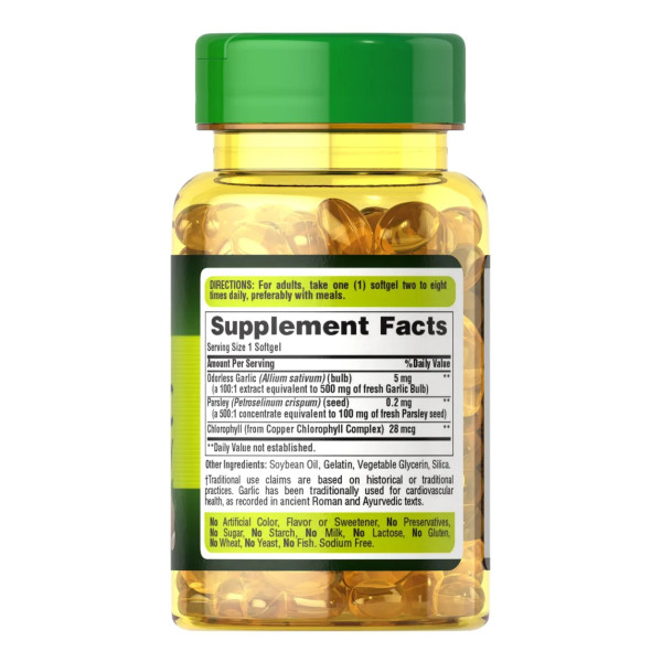Часник і петрушка, Odorless Garlic & Parsley, Puritan's Pride, 500 мг \/ 100 мг, без запаху, 100 гелевих капсул