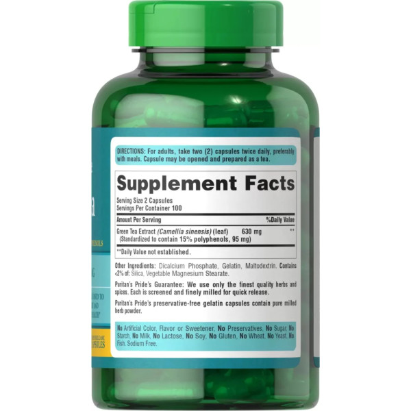Зелений чай, Green Tea, Puritan's Pride, стандартизований екстракт, 315 мг, 200 капсул