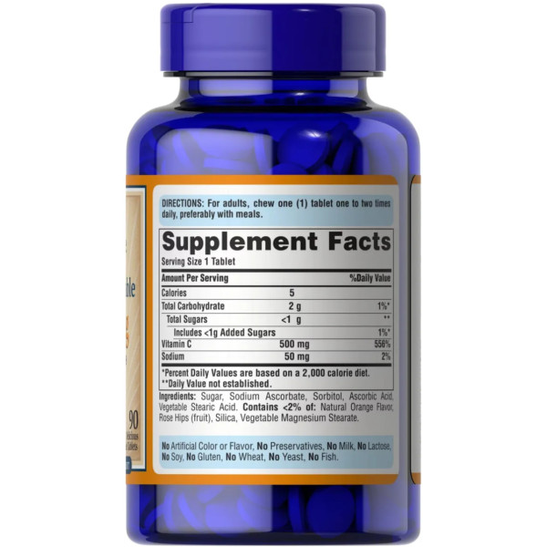 Вітамін С з шипшиною, Vitamin C, Puritan's Pride, смак апельсина, 500 мг, 90 жувальних таблеток
