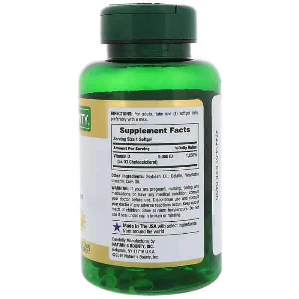 Вітамін D3, Vitamin D3, Nature's Bounty, 5000 МО, 240 гелевих капсул