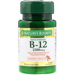 Витамин B12 2500 мкг, Nature’s Bounty Vitamin B12, вкус вишня, 75 быстрорастворимых таблеток