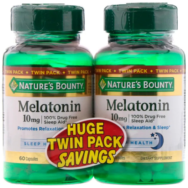 Мелатонін, Melatonin, Nature's Bounty, 10 мг, 2 упаковки по 60 капсул в кожній