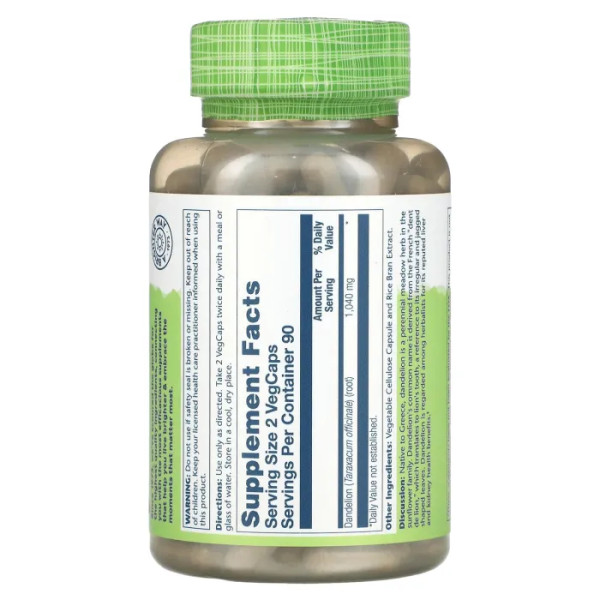 Кульбаба, Dandelion, Solaray, 520 мг, 180 вегетаріанських капсул