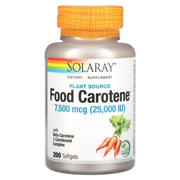 Бета-каротин, Food Carotene, Solaray, рослинний, 7500 мкг (25 000 МО), 200 гелевих капсул