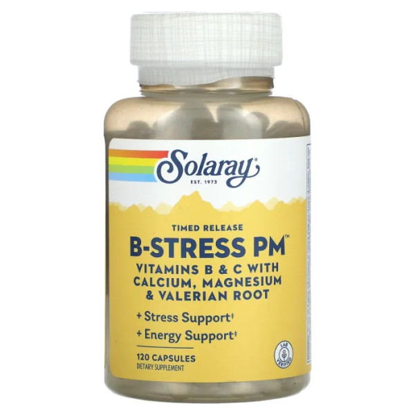 Вітаміни групи В, Vitamin B-Stress PM, Solaray, підтримка при стресі, 120 капсул пролонгованого вивільнення