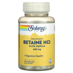 Бетаїн HCl з пепсином 650 мг, Solaray Betaine HCL with Pepsin, високоефективний, 100 вегетаріанських капсул