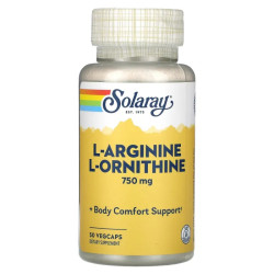L-аргінін та L-орнітин 750 мг, Solaray L-Arginine L-Ornithine, 50 вегетаріанських капсул