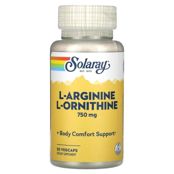 L-аргінін L-орнітин, L-Arginine L-Ornithine, Solaray, 750 мг, 50 вегетаріанських капсул