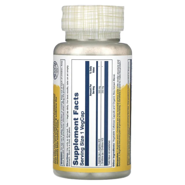 L-аргінін L-орнітин, L-Arginine L-Ornithine, Solaray, 750 мг, 50 вегетаріанських капсул