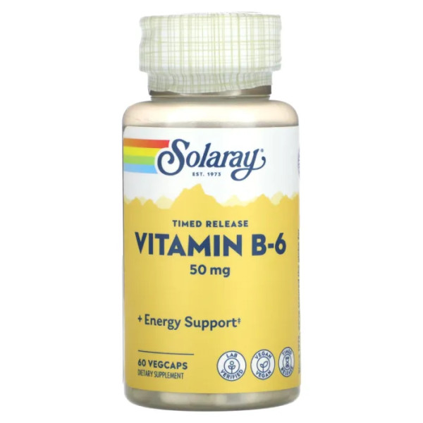 Вітамін В6, Vitamin B-6, Solaray, 50 мг, 60 вегетаріанських капсул сповільненого вивільнення