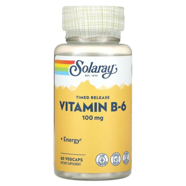 Витамин В6, Vitamin B-6, Solaray, 100 мг, 60 растительных капсул