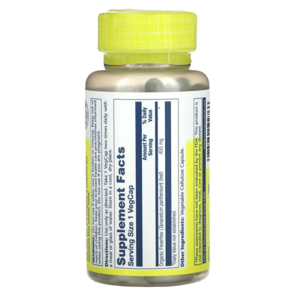Пиретрум дівочий, Organically Grown Feverfew, Solaray, 455 мг, 100 кап.