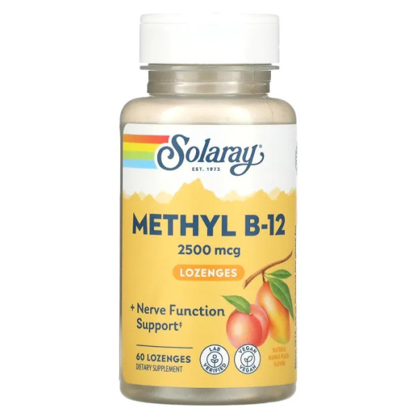 Вітамін В-12, Methyl B-12, Solaray, персик і манго 2500 мкг, 60 льодяників