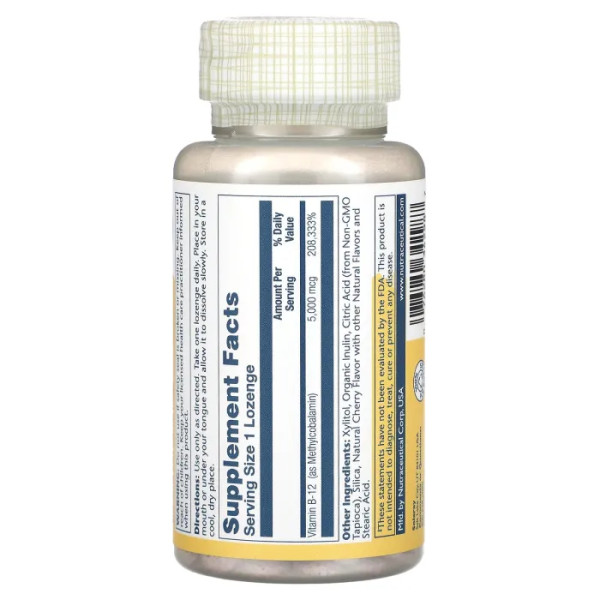 Вітамін В-12, метилкобаламін, Methyl B-12, Solaray, смак вишні, 5000 мкг, 60 льодяників