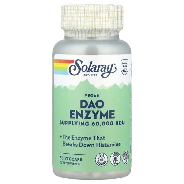 Фермент ДАО веганський, Vegan DAO Enzyme, Solaray, розщеплення гістаміну, діаміноксидазу, 4,2 мг, 30 рослинних капсул