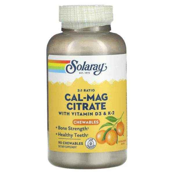 Кальций Магний, цитрат, Cal-Mag Citrate, Solaray, с витаминами D3 и K2, вкус апельсина, 90 жевательных таблеток