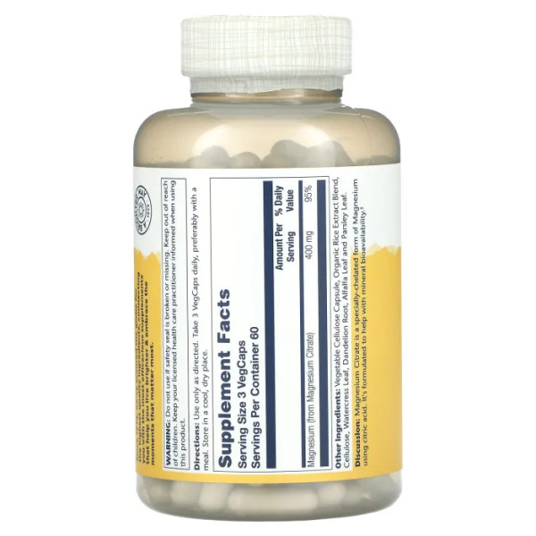 Магній цитрат, Magnesium Citrate, Solaray, 400 мг, 180 вегетаріанських капсул