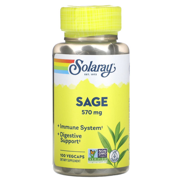 Шавлія, Sage, Solaray, органік, 285 мг, 100 капсул