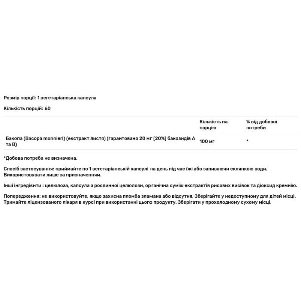 Бакопа, Bacopa, Vital Extracts, Solaray, 100 мг, 60 вегетаріанських капсул