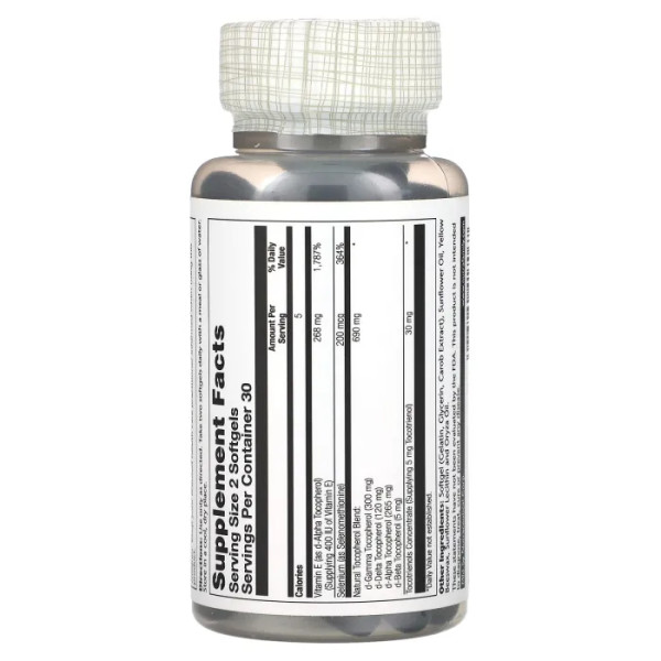 Вітамін Е, Bio E Gamma Plex, Solaray, з сумішшю токоферолів, токотрієнолів та селену, 100 гелевих капсул