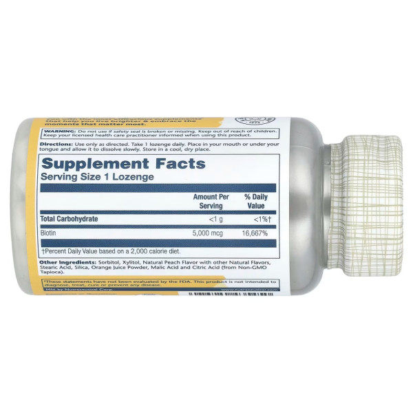 Біотин, Biotin, Solaray, персик, полуниця, банан, 5000 мкг, 60 цукерок
