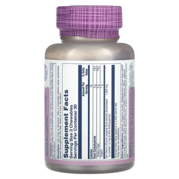 Терпка вишня, Tart Cherry, Vital Extracts, Solaray, смак вишні, 1500 мг, 90 жувальних цукерок (500 мг на одну жувальну цукерку)