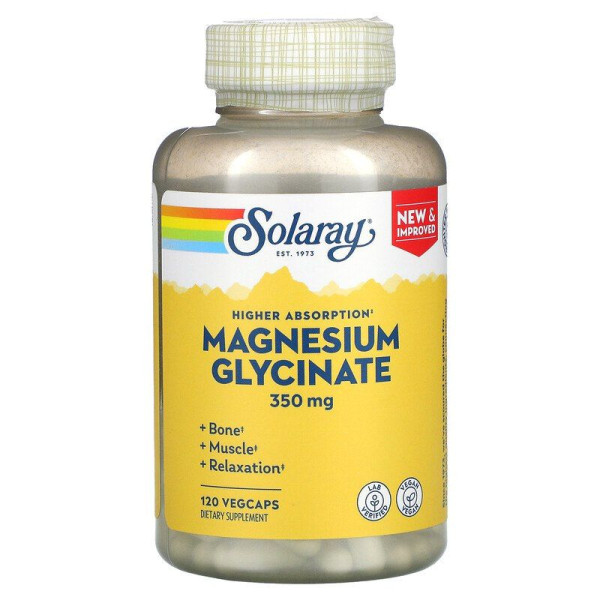Магній гліцинат, Magnesium Glycinate, Solaray, висока абсорбція, 350 мг, 120 вегетаріанських капсул