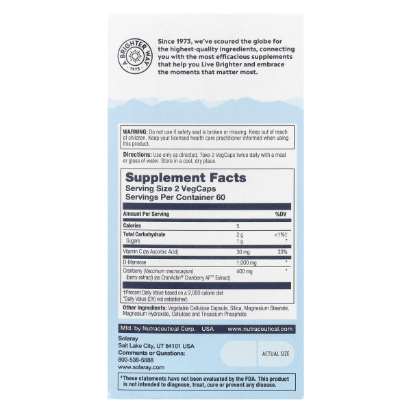 Д-Манноза, CranActin® D-Mannose, Solaray, здоров'я сечовивідних шляхів, 1000 мг, 120 рослинних капсул (500 мг на рослинну капсулу)
