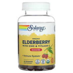 Жевательные с бузиной + цинк + витамин C, органик, Solaray Elderberry Gummies, лимон и малина, 60 жевательных конфет