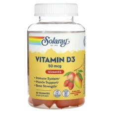 Витамин D3 Gummies 2000 МЕ, Solaray Vitamin D3 Gummies, персик/манго/клубника, 60 жевательных конфет