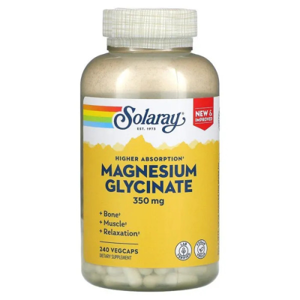 Магній гліцинат, Magnesium Glycinate, Solaray, висока абсорбція, 350 мг, 240 вегетаріанських капсул