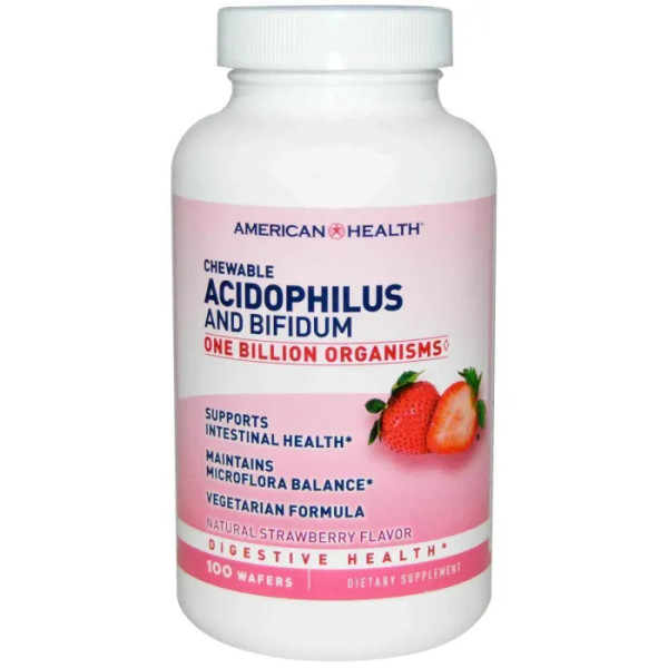 Пробіотик, Acidophilus and Bifidum, American Health, жувальні, полуниця, 100 цукерок