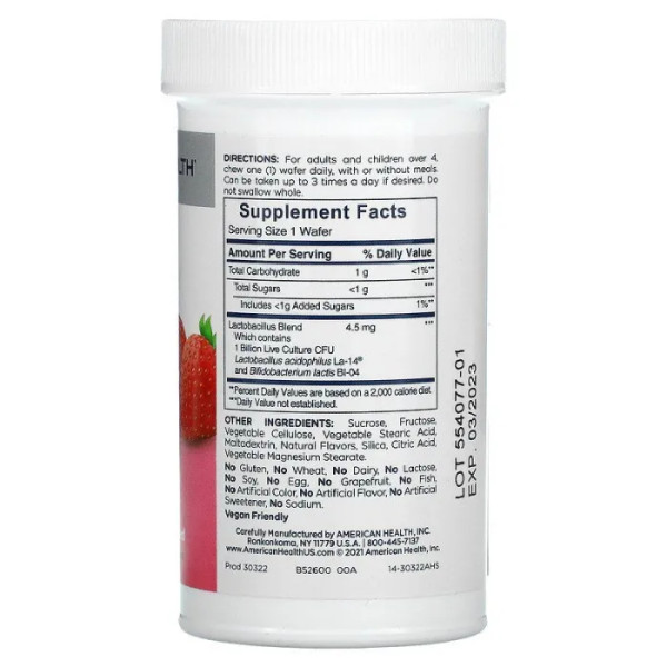 Пробіотики, Acidophilus, American Health, 1 млрд. КУО, смак полуниці, 60 жувальних вафель