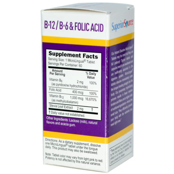 Метилкобаламин В-12, В-6 и фолиевая кислота, Methylcobalamin B-12, B-6 & Folic Acid, Superior Source, 60 быстрораствормых таблеток