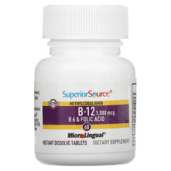 Метилкобаламин B12 B6 и фолиевая кислота, быстрорастворимые, Superior Source Methylcobalamin B-12, B-6 & Folic, 60 таблеток