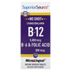 Вітаміни B12 B6 та фолієва кислота 5000 мкг швидкорозчинні, Superior Source B-12, B-6 & Folic Acid, 100 таблеток
