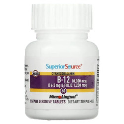 Вітаміни B-12 з B-6 та фолієвою кислотою, Superior Source Vitamins B-12, B-6 & Folic Acid, 10000 мкг/1200 мкг, 60 мікро таблеток