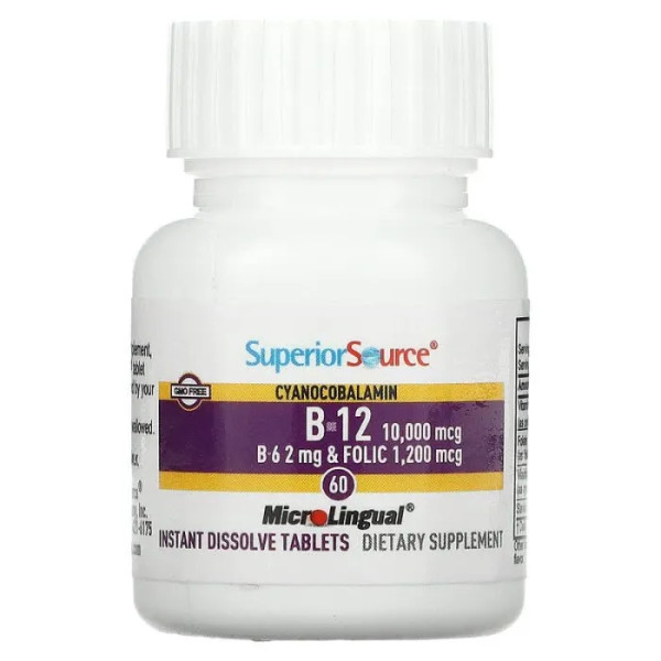 Вітаміни В-12, В-6, фолієва кислота, Vitamins B-12, B-6 & Folic Acid, Superior Source, 10000 мкг \/ 1200 мкг, 60 мікро таблеток