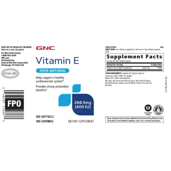 Вітамін Е, Vitamin E, GNC, 400 МО, 180 гелевих капсул