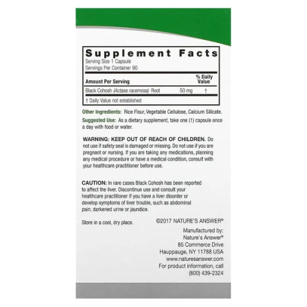 Клопогон, Black Cohosh, Nature's Answer, 50 мг, 90 капсул