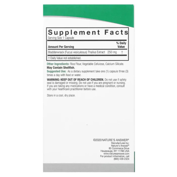 Підтримка щитовидної залози, Bladderwrack, Nature's Answer, 250 мг, 90 вегетаріанських капсул