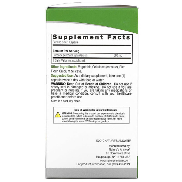 Корінь лопуха, Burdock, Nature's Answer, 500 мг, 90 капсул
