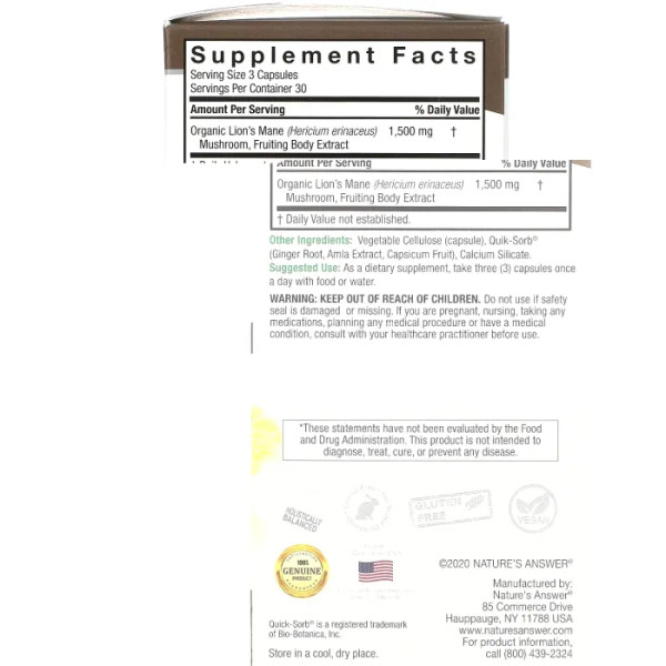 Їжовик гребінчастий, Lion's Mane, Nature's Answer, 1500 мг, 90 вегетаріанських капсул