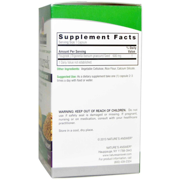 Пажитник, Fenugreek, Nature's Answer, 600 мг, 90 капсул