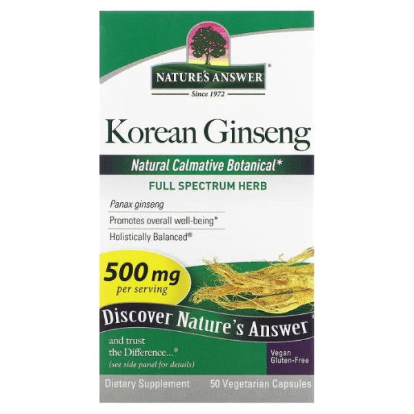 Женьшень, Korean Ginseng, Nature's Answer, 500 мг, 50 капсул