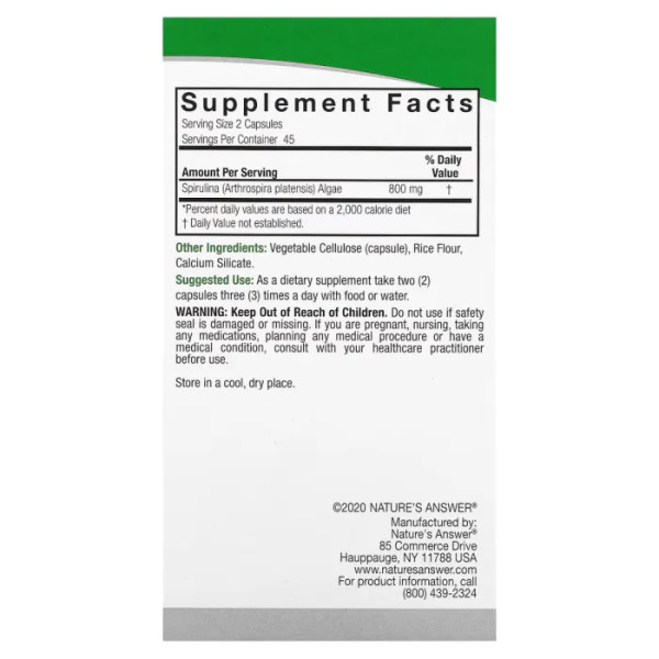 Спирулина, Spirulina, Nature's Answer, 800 мг, 90 капсул