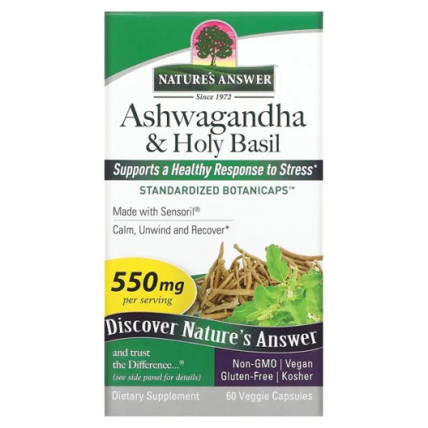 Ашваганда та базилік, Ashwagandha & Holy Basil, Nature's Answer, 550 мг, 60 вегетаріанських капсул