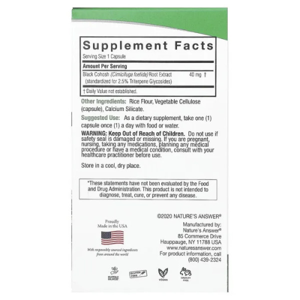 Клопогон, Black Cohosh, Nature's Answer, 40 мг, 60 капсул