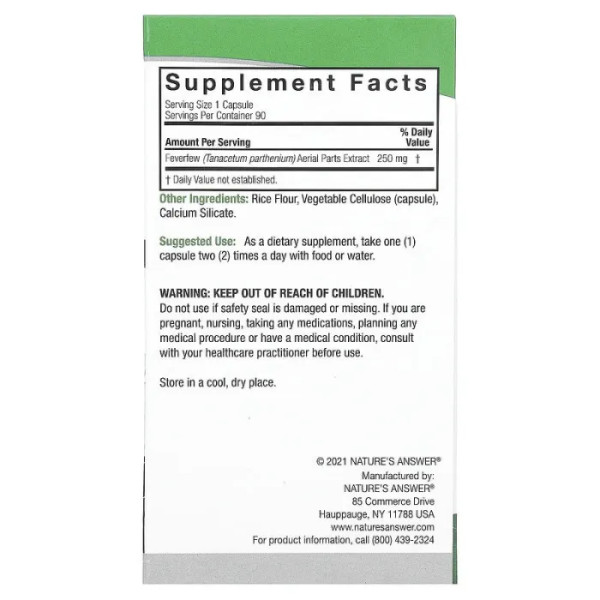 Піретрум дівочий, Feverfew, Nature's Answer, 250 мг, 90 вегетаріанських капсул